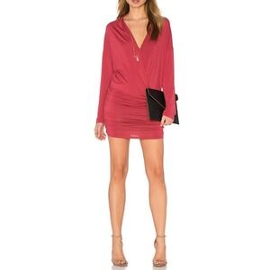 NWT Krisa XS Mini Dress Long Sleeve‎ Ruched Blouson V Neck Made in USA Red